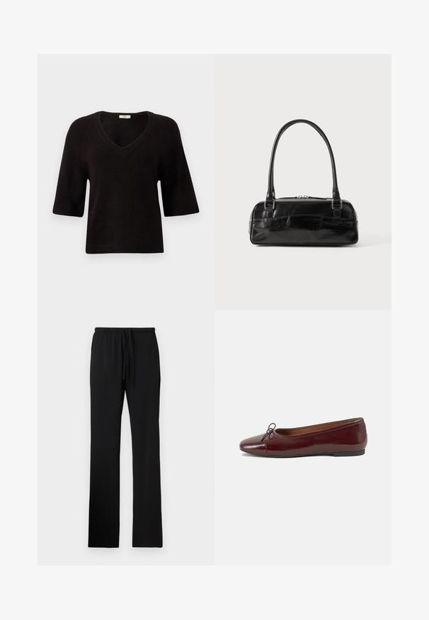 Suéter negro de punto con cuello en V, mangas cortas y un corte relajado. Textura suave con detalles acanalados en el dobladillo y las mangas.; Pantalones con cintura elástica negra y cordón, con una textura suave y piernas rectas de longitud completa sin bolsillos.; Bailarina de charol burdeos con punta redonda, pequeño lazo en la parte frontal y una suela baja de goma negra. Textura suave.; Bolso de mano de cuero negro con forma rectangular, equipado con un asa estructurada, herrajes en plata y cierre de cremallera. Textura suave.