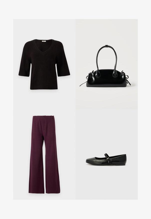 Pull en maille noir avec un col en V, des manches courtes et une coupe décontractée. Texture douce avec des accents côtelés au niveau de l'ourlet et des manches.; Pantalons larges bordeaux en tissu léger. Caractéristiques d'une fermeture à bouton et à fermeture éclair à l'avant, avec une texture lisse et uniforme.; Ballerines en cuir noir avec un bout arrondi, une semelle plate et une fine sangle ajustable sur le cou-de-pied avec une boucle en métal.; Petit sac à main noir brillant avec deux longues anses et des détails à cordon sur les côtés sur un fond clair uni.
