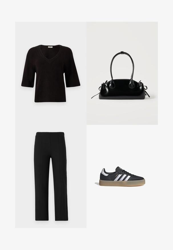 Suéter negro de punto con cuello en V, mangas cortas y un corte relajado. Textura suave con detalles acanalados en el dobladillo y las mangas.; Pantalones negros con un diseño de pierna recta. Presentan una textura suave, sin cierres visibles y detalles de costura en la parte frontal para mayor estructura.; Zapatilla deportiva de cuero negro con tres rayas plateadas, punta texturizada y suela de goma. Cuenta con un collar acolchado y un diseño con cordones.; Pequeño bolso negro brillante con dos asas largas y detalles de cordón lateral sobre un fondo claro liso.