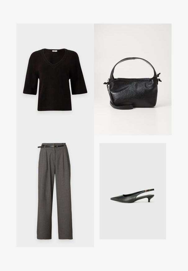Pull en maille noir avec un col en V, des manches courtes et une coupe décontractée. Texture douce avec des accents côtelés au niveau de l'ourlet et des manches.; Pantalon gris taille haute avec plis et poches latérales, stylisé d'une fine ceinture noire avec une boucle ronde dorée.; Chaussure slingback noire à bout pointu en cuir lisse. Présente un talon fin et un détail de boucle sur la sangle réglable.; Sac à main en cuir noir au design structuré, avec une poignée arrondie et une bandoulière amovible. Présente une texture lisse et un éclat subtil.