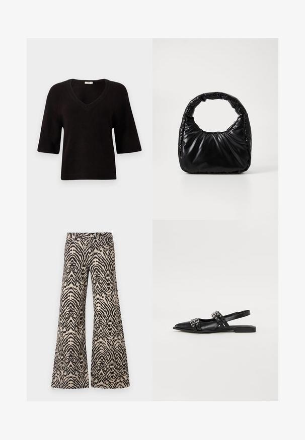 Pull en maille noir avec un col en V, des manches courtes et une coupe décontractée. Texture douce avec des accents côtelés au niveau de l'ourlet et des manches.; Pantalons larges en tissu avec un motif zèbre beige et noir, dotés d'une taille haute et d'un design traditionnel à cinq poches.; Even&Odd by Zalando Ballerines à brides arrière - black; Sac à main noir rembourré avec une poignée arrondie, présentant une surface lisse et brillante ainsi qu'une texture douce et matelassée. Pas de quincaillerie ou d'accents visibles.