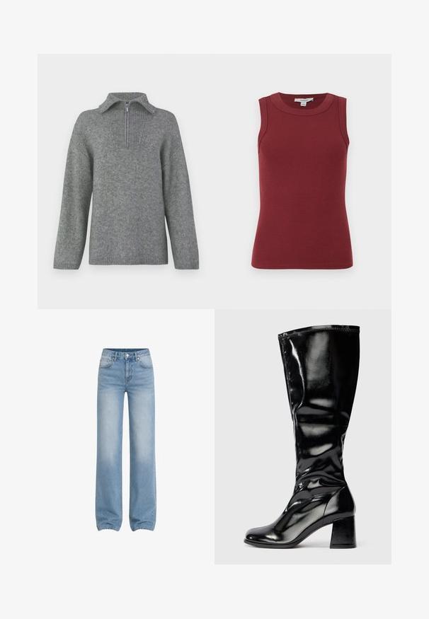 Grå halvlange zip-sweater med en ribbestrikket krave og struktureret strikkemønster. Har lange ærmer og et lige snitdesign for en oversized pasform.; Ærmeløs, ribstrikket tanktop i mørkerød med rund halsudskæring og tætsiddende silhuet.; Lyseblå, højtaljede jeans med lige ben, forlommer, bæltestropper, knaplukning og falmede detaljer på lår og knæ.; Sorte blanke knæhøje støvler med blokhæl og rundt tå, glat skinnende overflade, let struktureret detalje på hælen og overdelen.