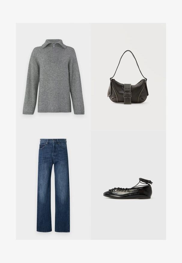 Grå halvlange zip-sweater med en ribbestrikket krave og struktureret strikkemønster. Har lange ærmer og et lige snitdesign for en oversized pasform.; Blå denim vidde-bukser med glat tekstur, fem-lomme design og knaplukning. Indeholder let falmede områder for ekstra detaljer.; Sorte balletflade sko i laklæder med rundet tå, snørelukning og flad sål. Glat tekstur med få detaljer.; Sort læder skuldertaske med spænde på remmen, afrundede kanter og kontrasterende hvide syninger på en ensfarvet baggrund.