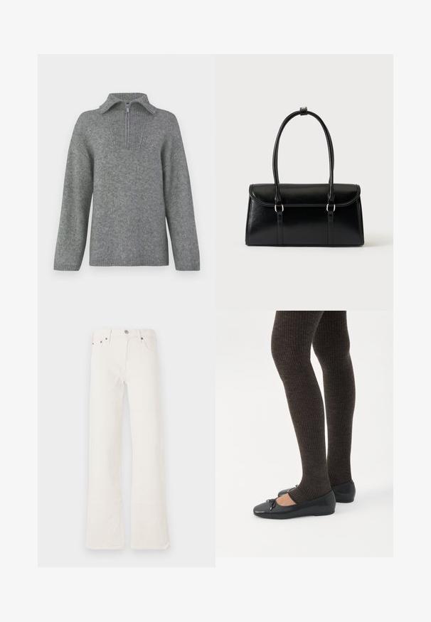 Grijs half-zip trui met een geribbelde kraag en een gestructureerd breipatroon. Heeft lange mouwen en een rechte snit voor een oversized pasvorm.; Witte flared jeans van denim, met een hoge taille, vijf zakken en dubbele stiksels, voorzien van accenten in koperkleurig hardware.; Benen met donkere geribbelde leggings gecombineerd met zwarte ballerina's met kleine strikdetails op een witte achtergrond.; Zwarte leren rechthoekige handtas met klep en twee lange handvatten tegen een effen witte achtergrond.