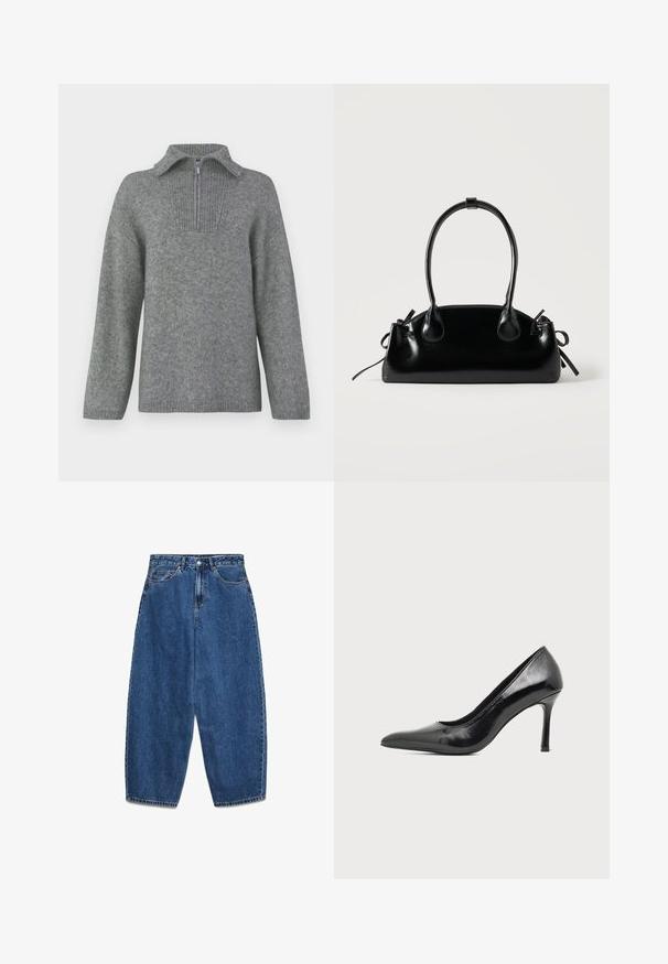 Grijs half-zip trui met een geribbelde kraag en een gestructureerd breipatroon. Heeft lange mouwen en een rechte snit voor een oversized pasvorm.; Blauwe denim jeans met een hoge taille, een ontspannen pasvorm en rechte pijpen. Klassiek ontwerp met vijf zakken en een ritssluiting met knoop.; Zwarte lakleren damesschoen met hoge hak, puntige neus en smalle hak op een effen lichte achtergrond.; Kleine zwarte glanzende handtas met twee lange hengsels en zijkant trekkoord details op een effen lichte achtergrond.