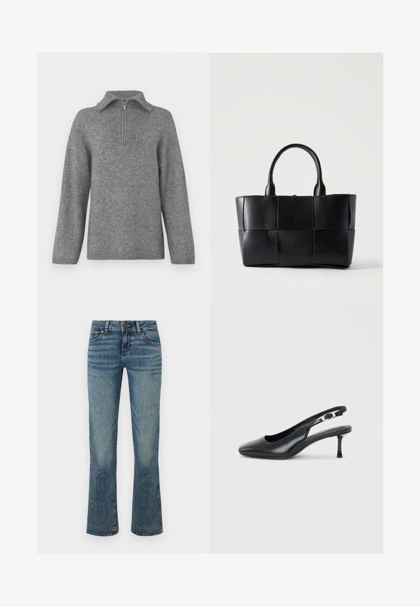 Grijs half-zip trui met een geribbelde kraag en een gestructureerd breipatroon. Heeft lange mouwen en een rechte snit voor een oversized pasvorm.; Blauwe denim jeans met een taille op heuphoogte, knoopsluiting, voorzakken en licht uitlopende pijpen met vervaagde details.; Zwarte leren slingback met puntige neus, lage, slanke kittenhak en verstelbare gespsluiting op een effen lichte achtergrond.; Zwarte leren totebag met geweven grote vierkante panelen en twee afgeronde handvatten op een effen lichte achtergrond.