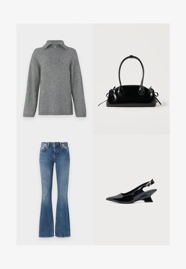 Šedý sveter s polovičným zipsom a rebrovaným golierom a textúrovaným pleteným vzorom. Obsahuje dlhé rukávy a rovný strih pre voľný fit.; Rozšírené džínsy v svetlom modrom denime, s piatimi vreckami, zipsovým zapínaním a vyblednutým praním so slabým opotrebením pri leme.; Čierna lakovaná slingback topánka so špicatou špičkou a nízkym šikmým blokovým opätkom na jednoduchom svetlom pozadí.; Malá čierna lesklá kabelka s dvoma dlhými rúčkami a bočnými šnúrkovými detailmi na jednoduchom svetlom pozadí.