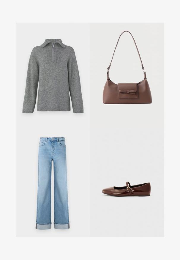 Grå halvlange zip-sweater med en ribbestrikket krave og struktureret strikkemønster. Har lange ærmer og et lige snitdesign for en oversized pasform.; Lyseblå, vide jeans i klassisk denim med høj talje, prydet med opbrettede kanter og synlig søm.; Brun patentlæder balletflade med firkantet tå og strop med en lille guldbuckle. Glat tekstur, lav hæl og minimalistisk design.; Brun skuldertaske i læder med en frontlomme med klap, der har en sydd sløjfedetalje, og en justerbar rem.