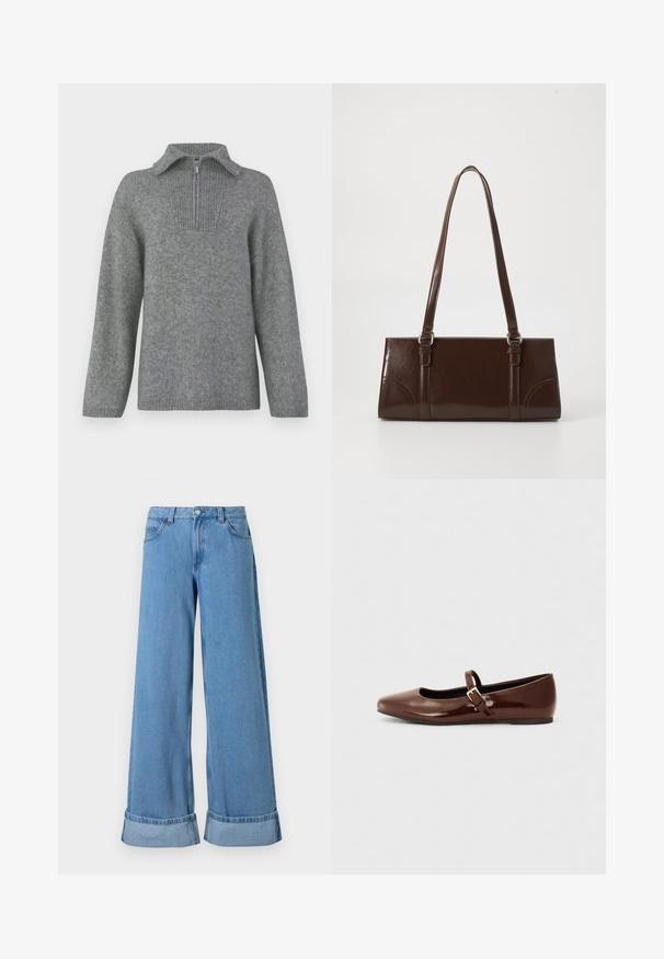 Grå halvlange zip-sweater med en ribbestrikket krave og struktureret strikkemønster. Har lange ærmer og et lige snitdesign for en oversized pasform.; Lyseblå denim bukser med vide ben har høj talje, optrillede nederkanter, fem lommer og en knaplukning med lynlås.; Brun patentlæder balletflade med firkantet tå og strop med en lille guldbuckle. Glat tekstur, lav hæl og minimalistisk design.; Brun lakeret håndtaske med rektangulær form, to lange håndtag og subtile buede detaljer på fronten.