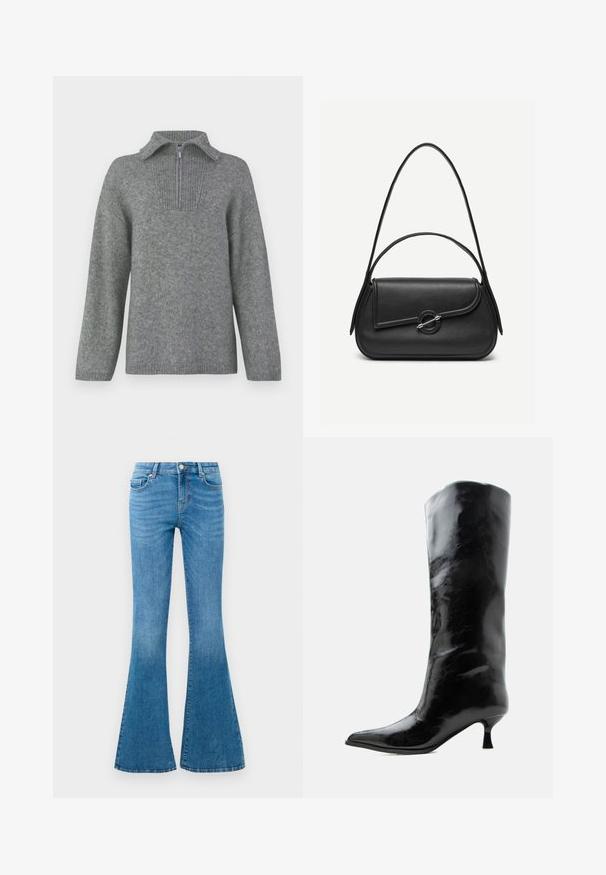 Grå halvlange zip-sweater med en ribbestrikket krave og struktureret strikkemønster. Har lange ærmer og et lige snitdesign for en oversized pasform.; Blå denim flared jeans med mellemhøj talje, der har fem lommer, en standard knaplukning og let falmning for struktur.; Sort skinnende knæhøj læderstøvle med spids tå og lav buet hæl på en ensfarvet lys baggrund.; Sort læderhåndtaske med afrundede kanter, asymmetrisk klap, metalcirkulært spænde samt både korte og lange skulderstropper.