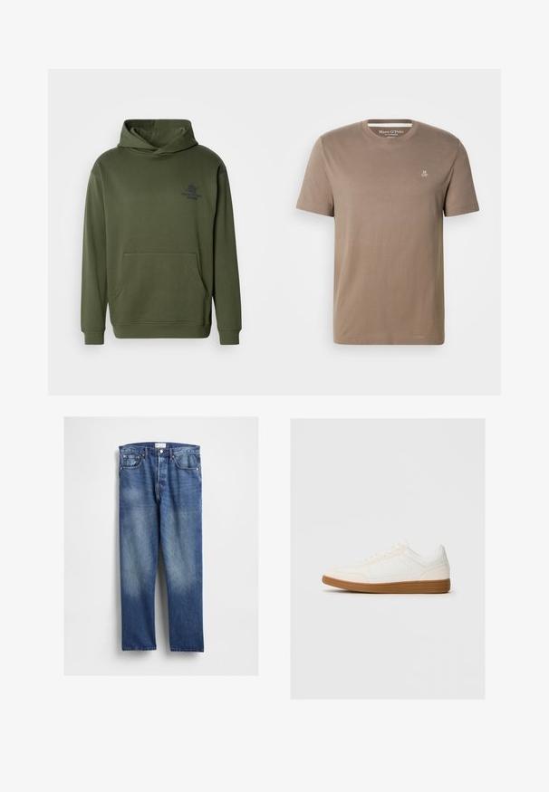 Olivengrøn hættetrøje lavet af blødt stof, med en frontlomme og et lille logo print på brystet. Klassisk pasform.; Taupe kortærmet bomuld T-shirt med rund hals og lille hvid "M OP"-logo på øverste venstre bryst fra Marc O'Polo.; Blå denimjeans med lige ben, som har slidte områder foran, klassisk femlomme-design og metalnitter ved lommerne.; Hvide sneakers med en ruskind tåspids, glat syntetisk overdel og tan gummisål. Har perforeringer på siderne for åndbarhed.