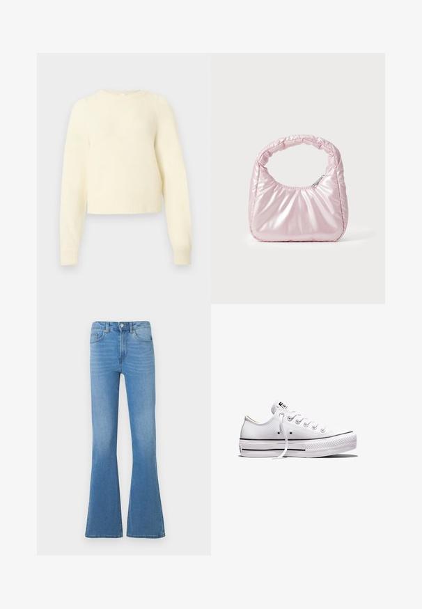 Pull court de couleur crème, fabriqué à partir d'un matériau doux et duveteux, avec des manches longues, des poignets côtelés et un col rond.; Jean évasé en denim bleu clair avec une taille mi-haute, doté de poches avant et d'une fermeture à boutons. Texture lisse et design classique à cinq poches.; Baskets basses en toile blanche avec lacets blancs, semelle en caoutchouc, détails à rayures noires, et écusson logo sur la languette et le talon.; Sac à main rose rembourré avec un design arrondi, fabriqué à partir d'un matériau brillant. Dispose d'une poignée froncée et d'une fermeture éclair pour un accès sécurisé.