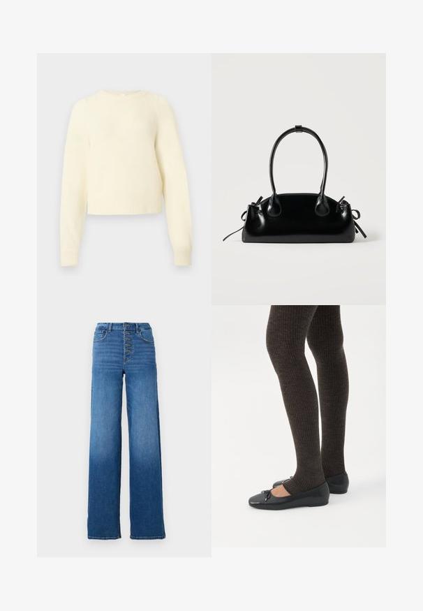 Pull court de couleur crème, fabriqué à partir d'un matériau doux et duveteux, avec des manches longues, des poignets côtelés et un col rond.; Jean en denim bleu à jambes larges avec une taille haute et une fermeture à cinq boutons. Caractéristiques : couture classique et ourlet net.; Jambes portant des leggings côtelés foncés associés à des ballerines noires avec de petits détails en nœud sur fond blanc.; Petit sac à main noir brillant avec deux longues anses et des détails à cordon sur les côtés sur un fond clair uni.