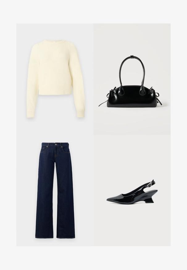 Pull court de couleur crème, fabriqué à partir d'un matériau doux et duveteux, avec des manches longues, des poignets côtelés et un col rond.; Jeans évasés en denim bleu foncé, dotés d'un design classique à cinq poches, de coutures cuivrées et d'une fermeture par bouton à la taille.; Chaussure slingback en cuir verni noir avec bout pointu et petit talon bloc incliné sur fond clair uni.; Petit sac à main noir brillant avec deux longues anses et des détails à cordon sur les côtés sur un fond clair uni.