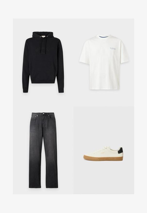 Hoodie noir en tissu doux, avec une poche avant, cordon de serrage à la capuche et logo « ORIGINALS » en relief sur la poitrine.; T-shirt blanc à manches courtes avec petit logo bleu "Pepe Jeans London" et texte sur la partie gauche de la poitrine, fond uni.; Jean noir taille haute à jambes droites avec bouton et fermeture éclair à l'avant, deux poches avant et un léger délavage.; Sneaker en toile blanche avec une semelle en gomme, accent au talon noir, bout rond et design à lacets. Présente le logo de la marque en doré sur le côté.