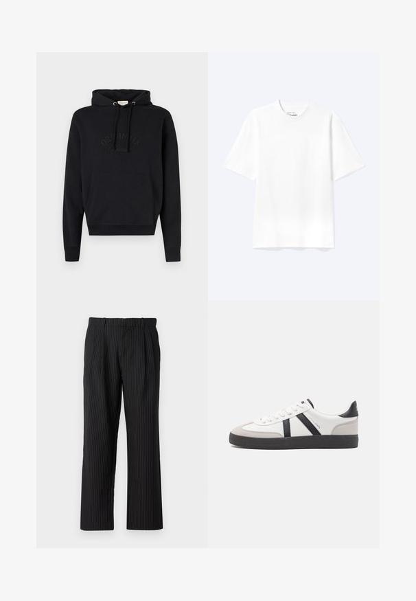 Hoodie noir en tissu doux, avec une poche avant, cordon de serrage à la capuche et logo « ORIGINALS » en relief sur la poitrine.; T-shirt blanc uni à manches courtes et col rond avec une coupe décontractée, présenté sur un fond clair.; Jack & Jones JPSTBILL JJDAYTONA WIDE CHINO - Chino - black; Baskets blanches avec des accents noirs et gris, présentant un embout texturé gris, une semelle en caoutchouc noir et des lacets plats blancs. Design épuré, style minimaliste.
