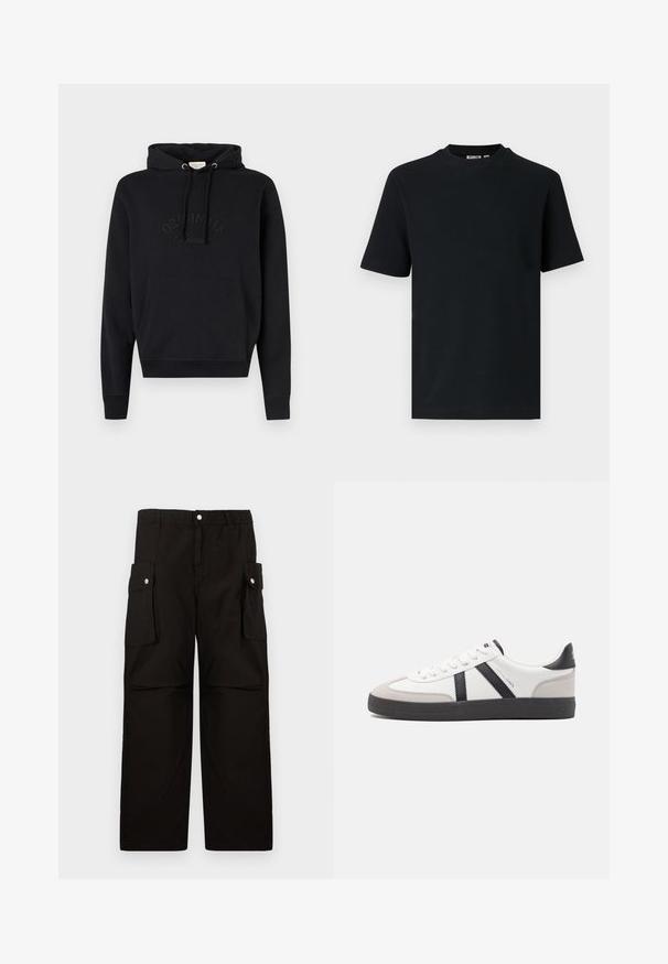 Hoodie noir en tissu doux, avec une poche avant, cordon de serrage à la capuche et logo « ORIGINALS » en relief sur la poitrine.; T-shirt noir à manches courtes en maille côtelée avec col rond et une petite étiquette visible à l'intérieur du col.; Pantalons cargo noirs en tissu doux, dotés d'une taille élastique, de poches latérales avec rabats et d'une coupe loose à jambes droites.; Baskets blanches avec des accents noirs et gris, présentant un embout texturé gris, une semelle en caoutchouc noir et des lacets plats blancs. Design épuré, style minimaliste.