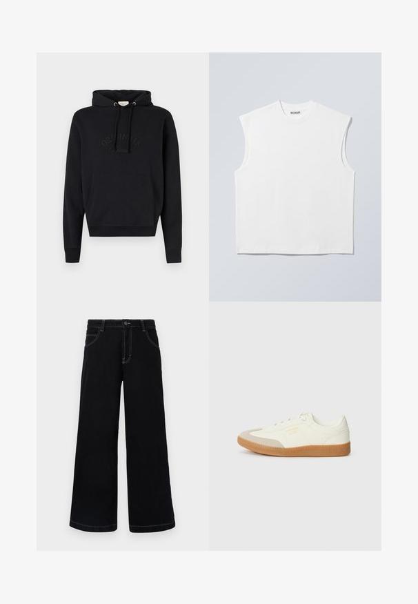 Hoodie noir en tissu doux, avec une poche avant, cordon de serrage à la capuche et logo « ORIGINALS » en relief sur la poitrine.; Haut blanc sans manches en coton à col rond avec épaules structurées, marqué "WEEKDAY" sur l'étiquette du col, présenté sur un fond gris clair.; Pantalons larges noirs en denim, dotés d'une fermeture à boutons, de cinq poches et de coutures blanches contrastantes le long des coutures.; Baskets en cuir blanc avec une coque beige et une semelle en caoutchouc marron clair. Dotées de lacets blancs plats et d'un logo embossé sur le côté.