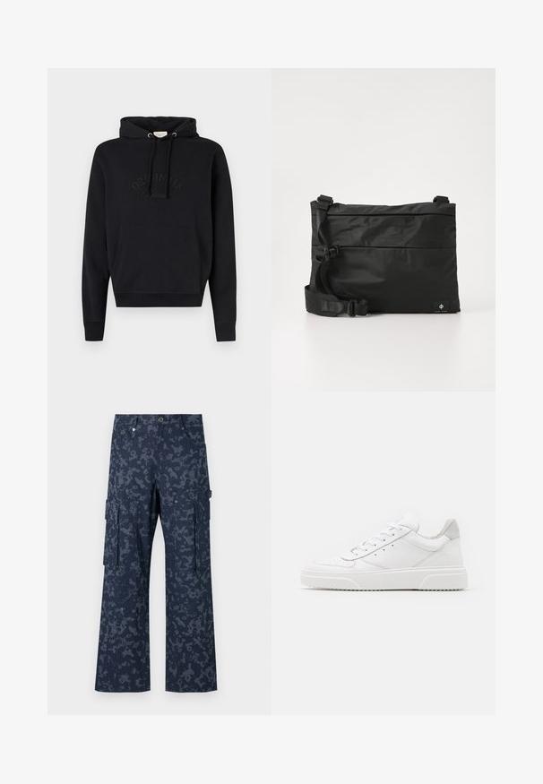 Hoodie noir en tissu doux, avec une poche avant, cordon de serrage à la capuche et logo « ORIGINALS » en relief sur la poitrine.; Sean John SCRIPT LOGO CAMOUFLAGE - Pantalon cargo - blue; Des baskets en cuir blanc avec une finition lisse, un bout rond, des lacets plats et une semelle texturée. Accents en daim gris au niveau du talon.; Sac messager en nylon noir avec une sangle réglable, un design plat et une étiquette latérale arborant un logo. Texture lisse et style minimaliste.
