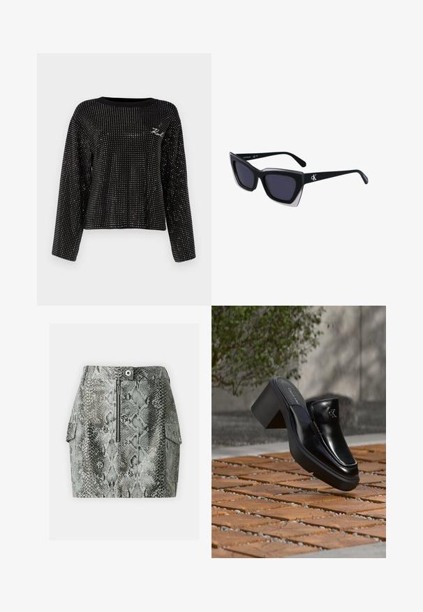 Suéter negro corto con cuello redondo y mangas largas, adornado con remaches metálicos y un pequeño logo bordado.; Minifalda de piel de serpiente gris con cremallera frontal, que presenta bolsillos de cargo en los lados y una textura suave.; Mule tipo slip-on de cuero negro de Calvin Klein con tacón de bloque descansando sobre baldosas de madera al aire libre cerca de una planta verde y una pared gris.; Gafas de sol negras de gran tamaño con una forma geométrica, que presentan lentes oscuros y un detalle gris contrastante en la montura. Logo en la pata.