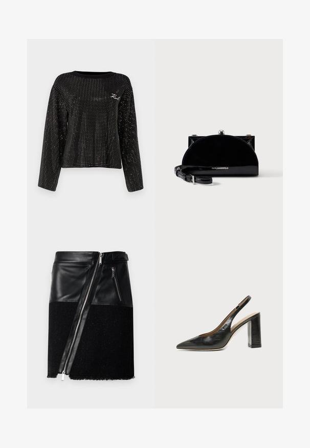 Suéter negro corto con cuello redondo y mangas largas, adornado con remaches metálicos y un pequeño logo bordado.; Falda negra que combina cuero y tejido texturizado. Presenta un zipper diagonal, dos bolsillos laterales con cremallera y un dobladillo deshilachado en la parte inferior.; Zapato slingback de piel negra con puntera puntiaguda, tacón alto y ancho, y forro interior beige sobre un fondo claro y liso.; Bolso de mano negro brillante en forma de media luna con cierre de marco plateado y correa ajustable, con el logo de Karl Lagerfeld en la parte frontal.
