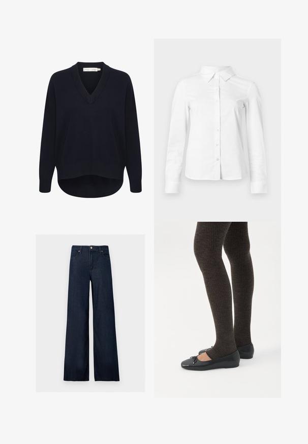 Marineblauwe V-halstrui met lange mouwen, een ontspannen pasvorm en een ronde aanzoom. Gemaakt van zachte, gestructureerde stof en met minimale labels.; Witte blouse met lange mouwen en knopen, met puntige kraag, rechte zoom en aansluitende silhouet, weergegeven op een effen lichte achtergrond.; Donkerblauwe denim jeans met wijde pijpen, een knoop aan de voorkant, riemlussen en vijf zakken op een effen achtergrond.; Benen met donkere geribbelde leggings gecombineerd met zwarte ballerina's met kleine strikdetails op een witte achtergrond.