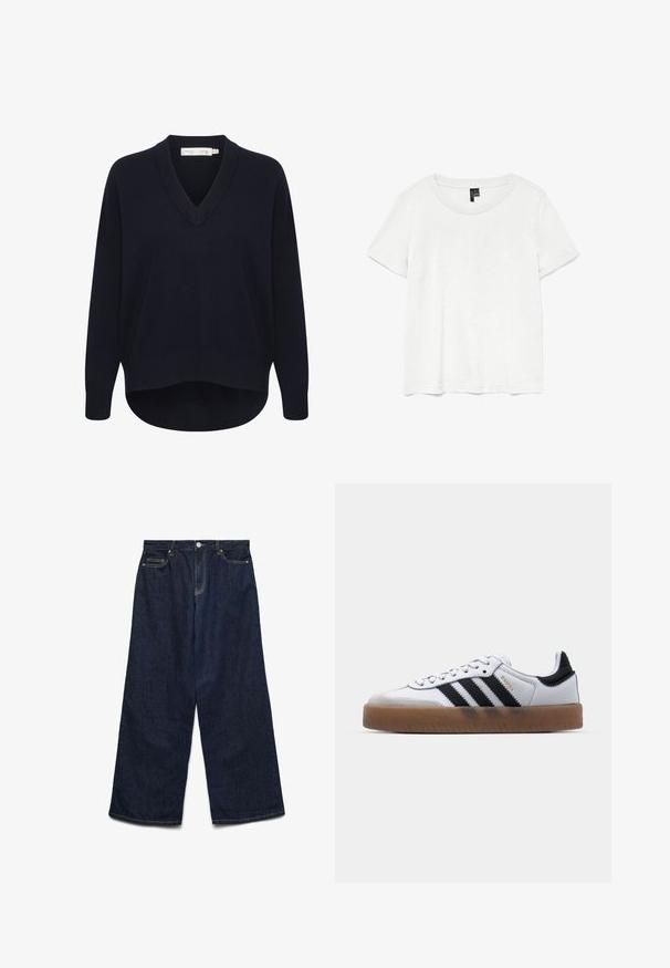 Pull V en maille marine avec des manches longues, une coupe décontractée et un ourlet arrondi. Fabriqué en tissu doux et texturé, avec des étiquettes minimales.; T-shirt blanc à manches courtes avec un col rond, fabriqué en tissu léger. Design simple, texture lisse et ourlet droit.; Jean large en denim foncé, avec une taille haute, cinq poches, une fermeture à bouton sur le devant et des accents de couture contrastants.; Baskets en cuir blanc avec des rayures noires, semelle extérieure en caoutchouc beige, bout rond, fermeture lacée et embout en suède gris doux.