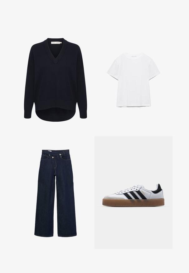 Marineblå V-hals sweater med lange ærmer, en afslappet pasform og en buet kant. Fremstillet af blødt, struktureret stof med minimale labels.; Hvid, kortærmet T-shirt med rund hals og lige kant, vist på en hvid baggrund.; Mørkeblå bredbenede denimjeans med høj talje og knaplukning, der har for- og baglommer samt brun syning.; Hvide lædersneakers med sorte striber, gummirubber sål, rund tå, snørelukning og blød grå ruskinds tåhætte.