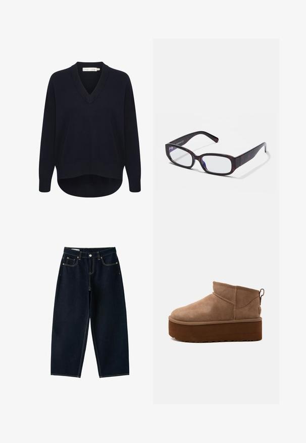 Pull V en maille marine avec des manches longues, une coupe décontractée et un ourlet arrondi. Fabriqué en tissu doux et texturé, avec des étiquettes minimales.; Jean bleu foncé à jambes larges, taille haute, bouton sur le devant, fermeture éclair et cinq poches avec coutures apparentes.; Bottine marron en daim de hauteur moyenne, style slip-on, avec une semelle épaisse compensée et un onglet à l’arrière sur fond clair.; Lunettes rectangulaires en écaille de tortue brune avec des verres transparents et des branches épurées, présentant une texture lisse et un design minimaliste.