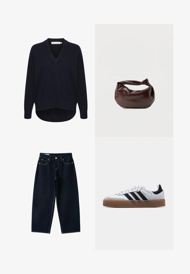 Pull V en maille marine avec des manches longues, une coupe décontractée et un ourlet arrondi. Fabriqué en tissu doux et texturé, avec des étiquettes minimales.; Jean bleu foncé à jambes larges, taille haute, bouton sur le devant, fermeture éclair et cinq poches avec coutures apparentes.; Baskets en cuir blanc avec des rayures noires, semelle extérieure en caoutchouc beige, bout rond, fermeture lacée et embout en suède gris doux.; Sac bandoulière en cuir marron foncé avec une forme souple et décontractée et une anse nouée torsadée sur un fond blanc uni.