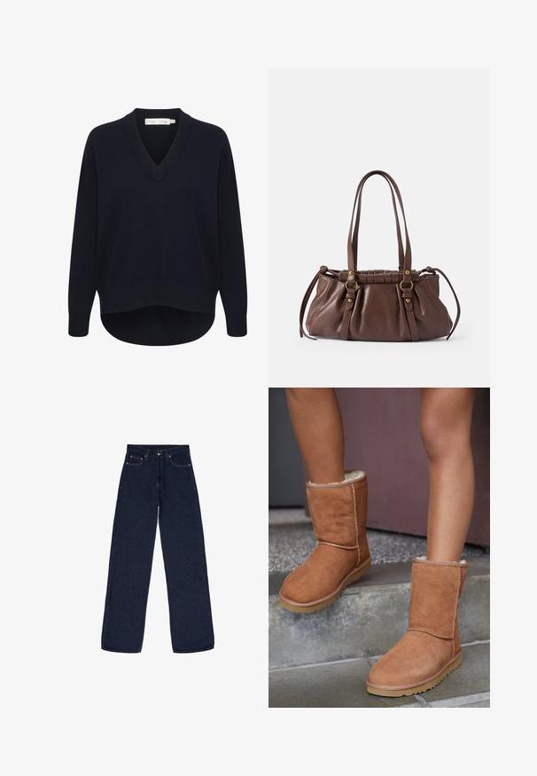Jersey de cuello en V azul marino con mangas largas, un corte relajado y un dobladillo curvado. Elaborado con una suave tela texturizada, presenta etiquetas mínimas.; Jeans de pierna ancha de un azul oscuro, confeccionados en denim. Incluyen un cierre de botón, cinco bolsillos y detalles de costura sutiles. Textura lisa.; Botas de tobillo de ante marrón con punta redonda, forro suave y suela de goma, con detalles de costura visibles a lo largo de las costuras.; Bolso de cuero marrón con dos asas largas, diseño acanalado, acentos de hardware en tono dorado y un acabado texturizado.