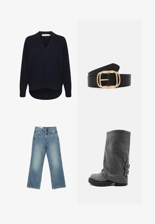 Pull V en maille marine avec des manches longues, une coupe décontractée et un ourlet arrondi. Fabriqué en tissu doux et texturé, avec des étiquettes minimales.; Jean bleu taille haute à jambes droites, cinq poches, fermeture par boutons et légère décoloration subtile sur l'avant des cuisses.; Botte grise molle mi-mollet avec semelle noire et deux boucles latérales ajustables, vue de profil sur fond blanc.; Ceinture en cuir noir avec une boucle rectangulaire en ton or aux bords arrondis, texture lisse et design élégant.