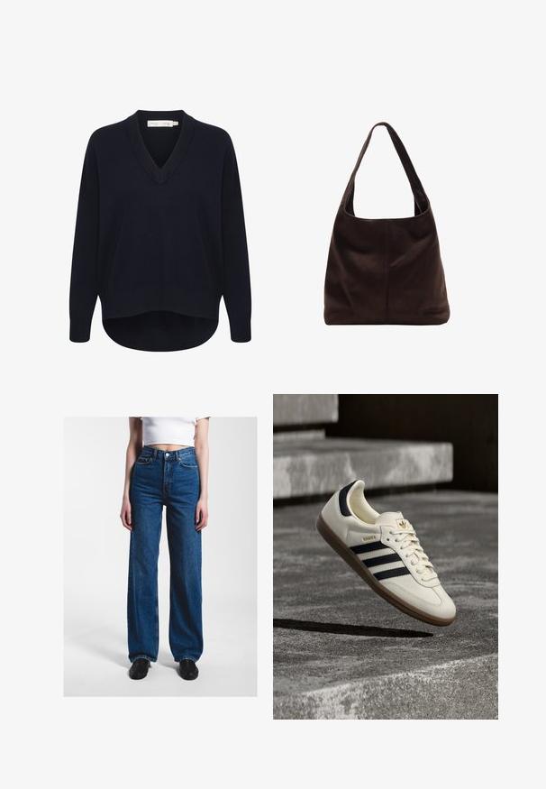 Pull V en maille marine avec des manches longues, une coupe décontractée et un ourlet arrondi. Fabriqué en tissu doux et texturé, avec des étiquettes minimales.; Personne portant un jean bleu taille haute à jambes larges, un haut court blanc et des chaussures noires, debout devant un fond clair uni.; Baskets blanches Adidas Samba avec des bandes noires et une semelle en gomme, flottant au-dessus de marches en béton gris texturé.; Sac à épaule en suède marron avec une large bandoulière plate. Design doux et non structuré avec une couture centrale. Pas de matériel ou d'ornements visibles.