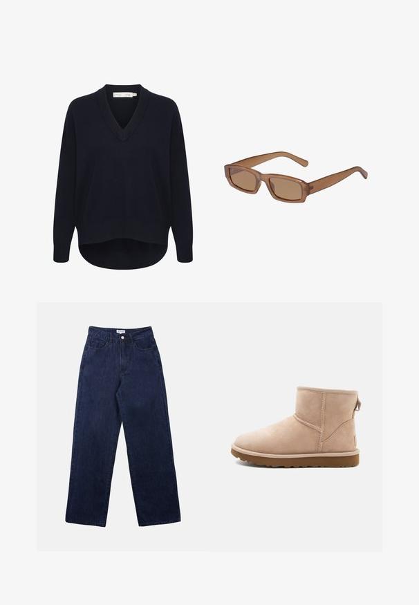 Pull V en maille marine avec des manches longues, une coupe décontractée et un ourlet arrondi. Fabriqué en tissu doux et texturé, avec des étiquettes minimales.; Pantalons en denim bleu foncé avec une coupe droite, dotés d'une fermeture à bouton à l'avant, de passants de ceinture et de deux poches avant.; Bottine en daim beige à bout arrondi, avec des accents cousus et une semelle en caoutchouc brun texturé. Elle se distingue par une languette à l'arrière.; Lunettes de soleil brunes, rectangulaires, avec une monture transparente, des branches fines et des verres teintés, offrant une texture lisse et un design moderne.