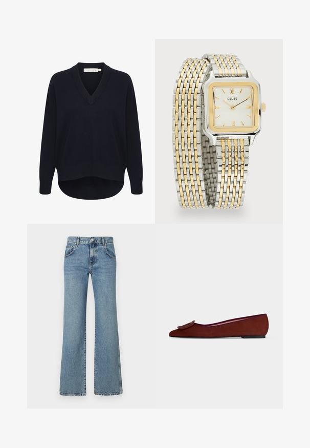Pull V en maille marine avec des manches longues, une coupe décontractée et un ourlet arrondi. Fabriqué en tissu doux et texturé, avec des étiquettes minimales.; Jeans évasés bleu clair en denim, avec une taille à fermeture à bouton, cinq poches et un design classique de couture.; Chaussure plate en daim marron pour femme avec bout pointu et grande boucle décorative sur le dessus sur fond uni.; Montre carrée en argent et or avec un cadran blanc, marqueurs horaires dorés, et un bracelet en métal tressé avec des maillons argentés et dorés alternés.