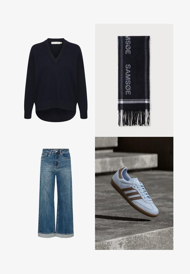Marineblauwe V-halstrui met lange mouwen, een ontspannen pasvorm en een ronde aanzoom. Gemaakt van zachte, gestructureerde stof en met minimale labels.; Blauwe denim jeans met wijde pijpen, voorste knoop en rits, voorzakken en omgeslagen zomen.; Lichtblauwe sneaker met bruine suède accenten, voorzien van drie zijstrepen, platte veters en een getextureerde gumzool. Merkembleem op de tong.; Zwarte en grijze rechthoekige sjaal met franjes aan de uiteinden en het woord "SAMSOE" verticaal geweven langs de lengte ervan.