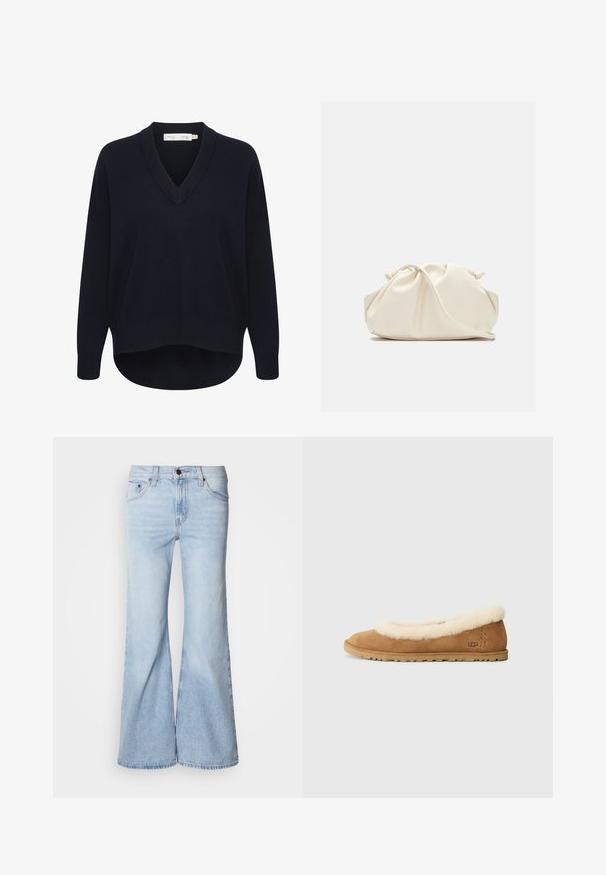 Marineblauwe V-halstrui met lange mouwen, een ontspannen pasvorm en een ronde aanzoom. Gemaakt van zachte, gestructureerde stof en met minimale labels.; Lichtblauwe flare jeans met een hoge taille, gemaakt van denim, voorzien van vijf zakken en een knoopsluiting. De pijpen zijn wijd en hebben een licht vervaagde afwerking.; Bruine suede instapschoen met een schapenvachtvoering en een flexibele rubberen zool. Flat ontwerp, minimalistische stijl, met subtiele branding aan de zijkant.; Zachte, crèmekleurige leren clutch met geplooid, gerimpeld ontwerp en een dunne schouderriem die vooraan op een effen achtergrond ligt.