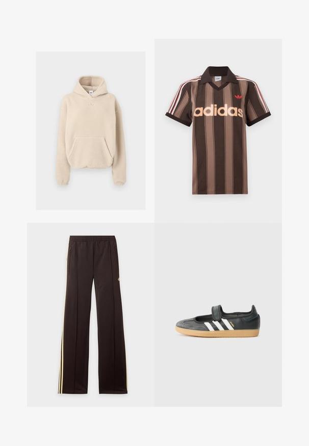 Beige fleece hoodie med en frontlomme, en hætte med snørre og et lille præget logo på brystet. Blød tekstur og afslappet pasform.; Brunstribet Adidas polo-shirt med V-hals, bordeaux krave og rødt logo. Har hvide og røde skulderstriber samt korte ærmer.; Sorte træningsbukser med gule sidelister, elastisk taljebånd, lynlåslommer i siderne og en lille logo på den øvre lår.; Sort læder- og ruskinds sneakers med en Velcro-rem, der har tre hvide striber og en gummisål, mærket "SAMBA" på siden.