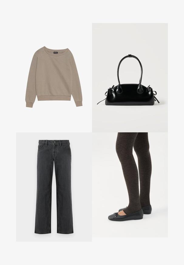 Sweatshirt beige à manches longues avec un col large et des poignets côtelés. Tissu doux, coupe décontractée, présente des coutures minimales et aucun motif.; Jeans gris foncé à jambes larges en denim, avec une ceinture standard, cinq poches et une fermeture à bouton. Texture lisse et coutures uniformes.; Jambes portant des leggings côtelés foncés associés à des ballerines noires avec de petits détails en nœud sur fond blanc.; Petit sac à main noir brillant avec deux longues anses et des détails à cordon sur les côtés sur un fond clair uni.