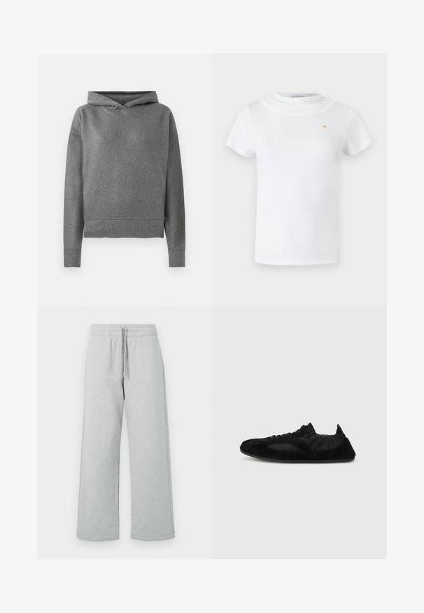Grijze hoodie gemaakt van een zachte, gestructureerde stof. Beschikt over een capuchon met trekkoord, lange mouwen en een iets verkorte, losse pasvorm.; Wit T-shirt met korte mouwen, een ronde gelaagde halslijn en een klein gouden embleem op de linkerborst.; Grijze sweatpants gemaakt van zachte stof, met een elastische tailleband en een koord, en wijd uitlopende pijpen. Geen zichtbare patronen of hardware.; Zwarte lichte sneaker met suède accenten, elastische enkelsluiting en dunne zool, zijaanzicht op een effen achtergrond.
