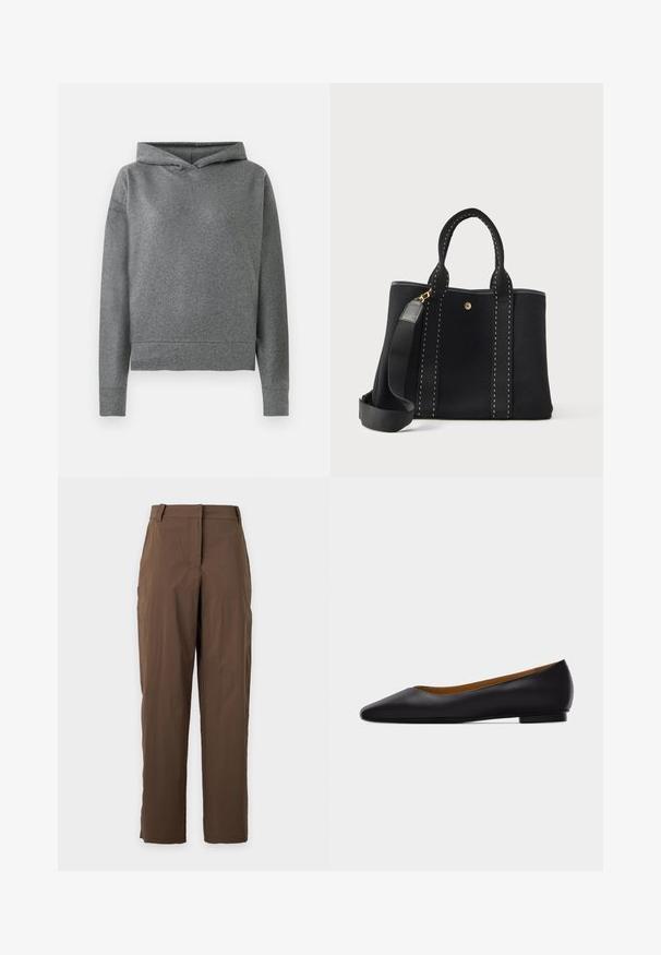 Grauer Hoodie aus einem weichen, strukturierten Stoff. Besitzt eine Kapuze mit Kordelzug, lange Ärmel und einen leicht verkürzten, lockeren Sitz.; Braune gerade geschnittene Hose mit Gürtelschlaufen und vorderem Verschluss, dargestellt vor einem einfarbigen hellen Hintergrund.; Schwarzer flacher Schuh aus Leder mit spitz zulaufender Vorderkappe, niedrigem Absatz und glatter Oberfläche, von der Seite vor einem hellgrauen Hintergrund dargestellt.; Schwarze Tragetasche mit zwei genähten Griffen und einem verstellbaren Schultergurt auf einem weißen Hintergrund.