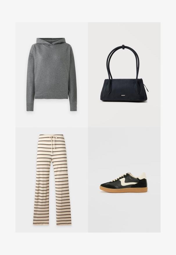 Grauer Hoodie aus einem weichen, strukturierten Stoff. Besitzt eine Kapuze mit Kordelzug, lange Ärmel und einen leicht verkürzten, lockeren Sitz.; Beige gerippte Stoffhose mit horizontalen schwarzen und braunen Streifen und einem vorderen Kordelzug, flach auf einem hellen Hintergrund dargestellt.; Schwarze Wildleder- und Leder-Sneaker mit einem cremefarbenen Seiten-Swoosh und einer hellcremefarbenen Ferse. Ausgestattet mit beige Schnürsenkeln und einer Gummilaufsohle.; Schwarze DKNY-Handtasche mit doppelt abgerundeten Griffen und kleinem Metalllogo auf der Vorderseite, vor einem schlichten hellen Hintergrund.