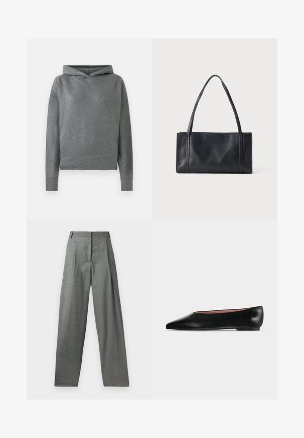 Hoodie gris fabriqué à partir d'un tissu doux et texturé. Il présente une capuche avec cordon de serrage, des manches longues et une coupe légèrement courte et décontractée.; Pantalons gris sur mesure avec taille haute, devant plissé et design à jambes larges. Fabriqués à partir d'un tissu texturé, avec des passants de ceinture et des coutures lisses.; Chaussure plate en cuir noir pour femme, avec bout pointu et petit talon, vue de côté sur un fond gris clair uni.; Sac à main rectangulaire en cuir noir avec deux fines bandoulières sur un fond clair uni.