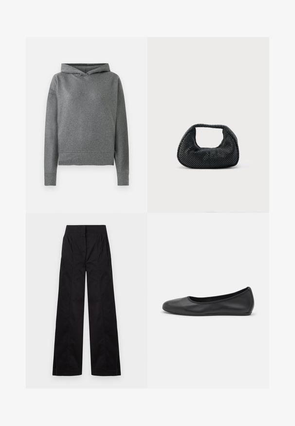 Grijze hoodie gemaakt van een zachte, gestructureerde stof. Beschikt over een capuchon met trekkoord, lange mouwen en een iets verkorte, losse pasvorm.; Zwarte wijde broek met hoge taille, met voorste naaddetails en zijzakken, weergegeven tegen een effen lichte achtergrond.; Zwarte leren ballerina met een ronde neus, gladde textuur, minimale stikdetails en een flexibele zoolontwerp.; Zwarte geweven hobo-tas met een zachte structuur en geïntegreerd handvat, weergegeven op een effen lichte achtergrond.