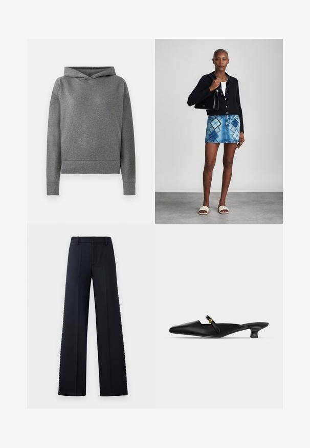 Grauer Hoodie aus einem weichen, strukturierten Stoff. Besitzt eine Kapuze mit Kordelzug, lange Ärmel und einen leicht verkürzten, lockeren Sitz.; Schwarze weit geschnittene Hose. Maßgeschneiderte Passform mit glatter Textur. Verfügt über eine Reihe von metallischen Nieten entlang der Seitennaht für Details.; Schwarze spitze Mule mit niedrigem Kittenheel und schmalem Riemen über dem Rist mit kleinem goldfarbenem Knopfdetail.; Schwarze Strickjacke, weißes Oberteil, Jeansrock mit blauem und schwarzem Diamantenmuster, schwarze Handtasche und beige Rutschsandalen.