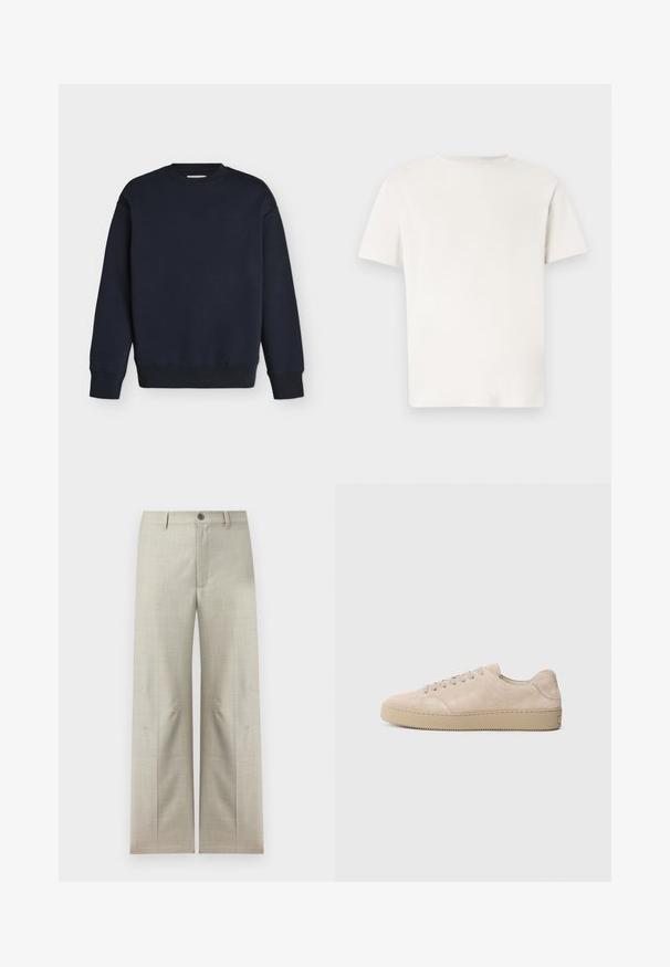 Sweat-shirt bleu marine à col rond, manches longues, poignets et ourlet côtelés, avec un texte logo discret sur la poitrine.; T-shirt blanc uni à manches courtes et col rond, présenté de face sur un fond gris clair.; Pantalon formel beige clair à jambes droites, fermeture avec bouton et fermeture éclair, passants pour ceinture, présenté sur un fond blanc.; Baskets en daim beige avec un bout rond, des lacets plats et une semelle en caoutchouc texturé. Design minimaliste avec des bords lisses et des coutures discrètes.