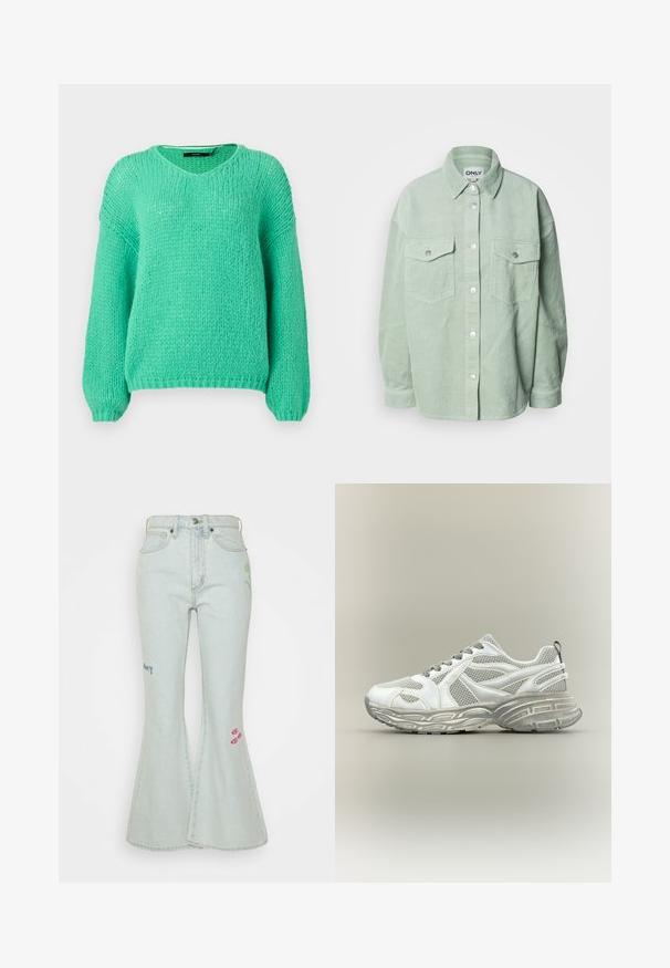 Pull en mailles épaisses vert menthe avec un col en V, des manches longues et une texture douce. Présente une coupe décontractée et des poignets côtelés.; Chemise à manches longues en velours côtelé vert clair avec deux poches à rabat sur la poitrine et col rabattable.; Obey Clothing RORY - Jean flare - icy wash; Baskets de sport en mesh blanc et gris avec semelle épaisse et texturée, design à lacets, présentées sur un fond neutre.