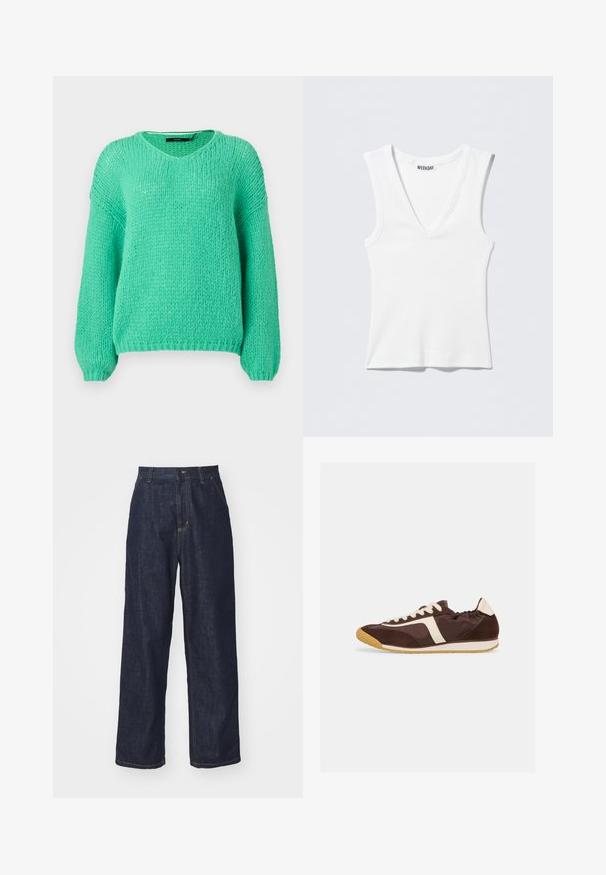 Pull en mailles épaisses vert menthe avec un col en V, des manches longues et une texture douce. Présente une coupe décontractée et des poignets côtelés.; Débardeur blanc côtelé sans manches avec col en V, étiquette de la marque WEEKDAY à l'intérieur de l'encolure, posé à plat sur un fond clair.; Jeans en denim droit bleu foncé avec passants de ceinture, bouton avant et poches latérales sur fond blanc.; Baskets basses marron et beige avec lacets blancs, dessus en daim et tissu, semelle en caoutchouc naturel, vues de profil, côté droit.