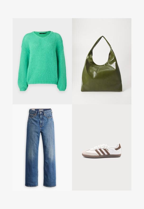 Suéter de punto grueso en verde menta, con escote en V, mangas largas y una textura suave. Cuenta con un corte relajado y puños de canalé.; Vaqueros de mezclilla azul claro con cintura alta, diseño de pierna ancha, estilo clásico de cinco bolsillos y un sutil desgaste en la tela.; Zapatilla blanca Adidas Samba con franjas de ante marrón, suela de goma marrón y puntera de ante beige, vista desde el lado exterior sobre un fondo liso.; Bolsa hobo verde de cuero con un diseño suave, asa curvada y textura lisa. No contiene hardware visible ni acentos.