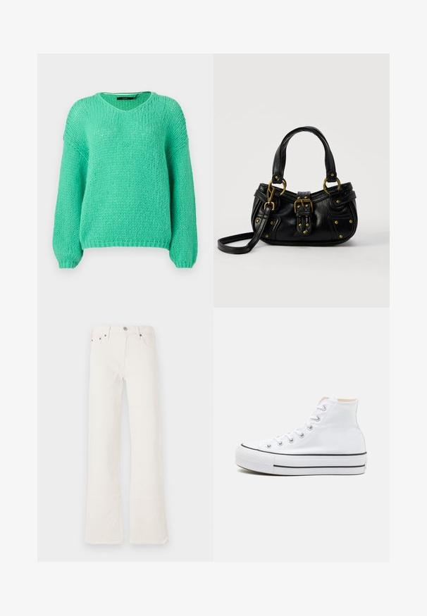 Pull en mailles épaisses vert menthe avec un col en V, des manches longues et une texture douce. Présente une coupe décontractée et des poignets côtelés.; Jean flare blancs en denim, avec une taille haute, cinq poches et des coutures doublement piquées, ornés de accents en ton cuivre.; Baskets montantes blanches en toile, semelle en caoutchouc noir et bande noire contrastante sur la semelle intermédiaire. Bout rond et design à lacets.; Sac à main en cuir noir avec boucle dorée et détails à rivets, poignées courtes et bandoulière réglable sur fond blanc uni.